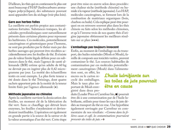 Voici le fameux article sur le thé et les pesticides de " Que Choisir ? "