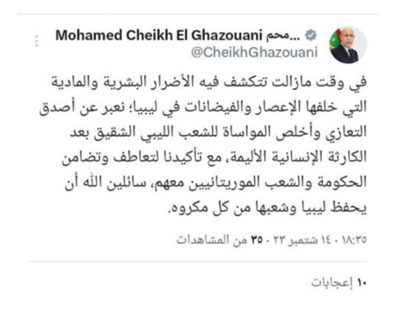 Le Président de la République présente ses condoléances aux victimes des inondations en Libye