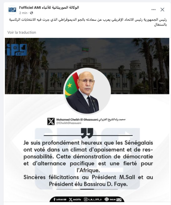 Le Président de la République, Président de l’Union Africaine, dans un tweet: «Le vote des sénégalais est une fierté pour l’Afrique»