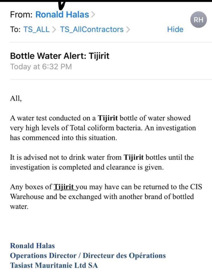Mauritanie : L’eau minérale en bouteille « tijirit », contaminée par des bactéries coliformes