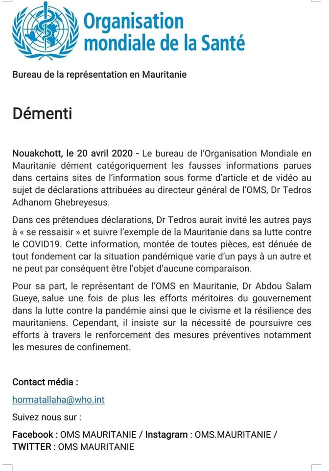 L’OMS dément des allégations au sujet d’un « exemple mauritanien »