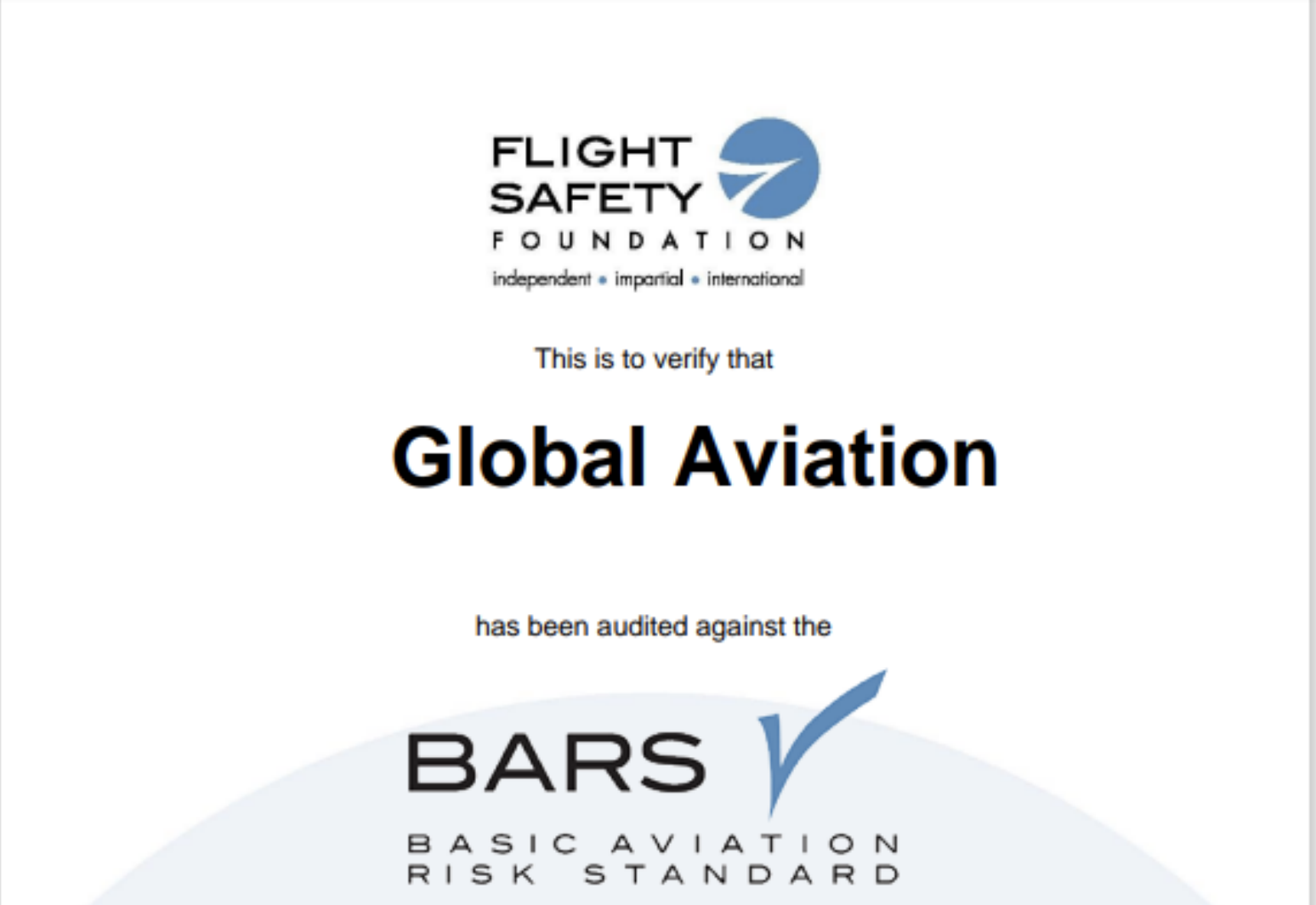 Mauritanie : Global Aviation certifié du programme Basic Aviation Risk Standard (BARS)